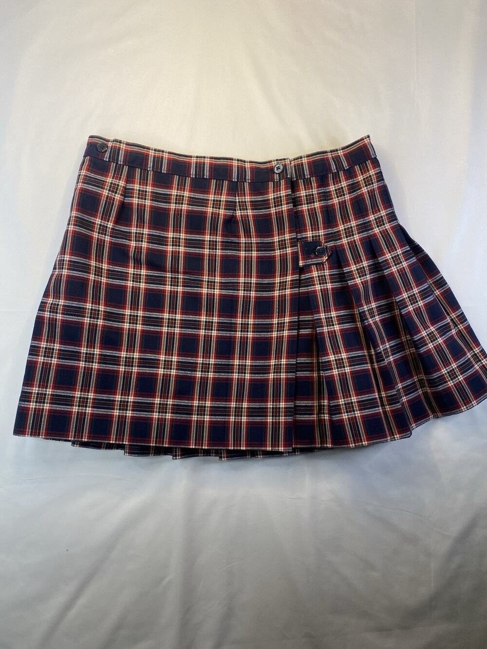 Uniform Plaid Pleated Skirt Button Closure Navy Red White Size 32